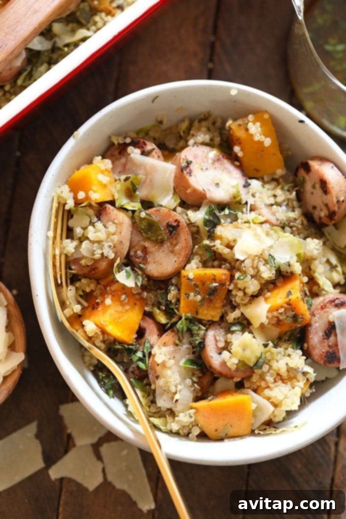 Heartland Chicken Bake 12 A savory Apple Chicken Sausage Quinoa Casserole with Brussels sprouts and sweet potatoes.
