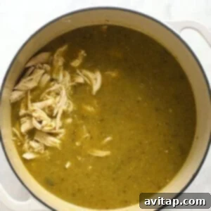 A pot of green chili soup with chicken.