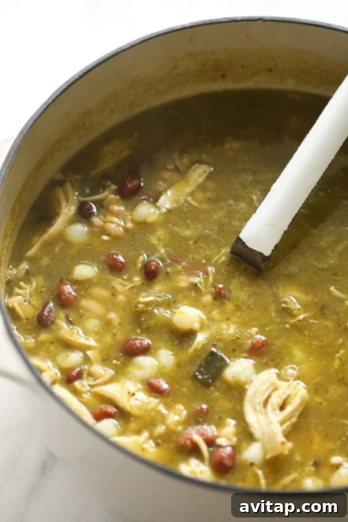 Green Chili (AKA Chile Verde) never looked so good! This easy green chicken chili is made with roasted peppers, your favorite salsa verde, chicken breast, and white beans. A large stockpot brimming with hearty green chili, served with a ladle, ready to be dished out.
