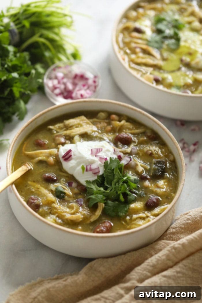 Green Chili (AKA Chile Verde) never looked so good! This easy green chicken chili is made with roasted peppers, your favorite salsa verde, chicken breast, and white beans. A close-up of green chili in a bowl, generously topped with creamy Greek yogurt and fresh herbs.