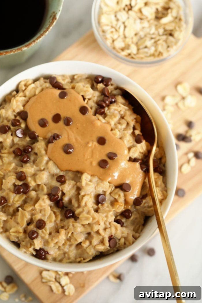 A vibrant bowl of oatmeal with a swirl of cashew butter and a sprinkle of chocolate chips, emphasizing its healthy and delicious nature.