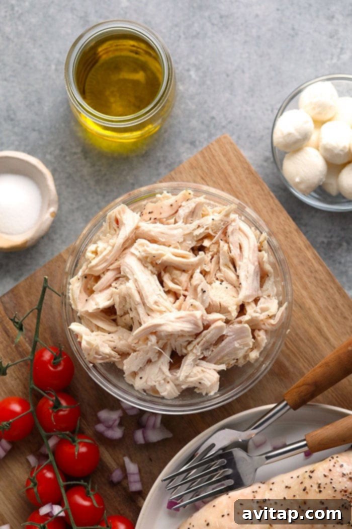 Shredded Chicken for Pesto Chicken Salad Close-up of perfectly shredded cooked chicken breast in a bowl, ready to be mixed into a delicious salad.