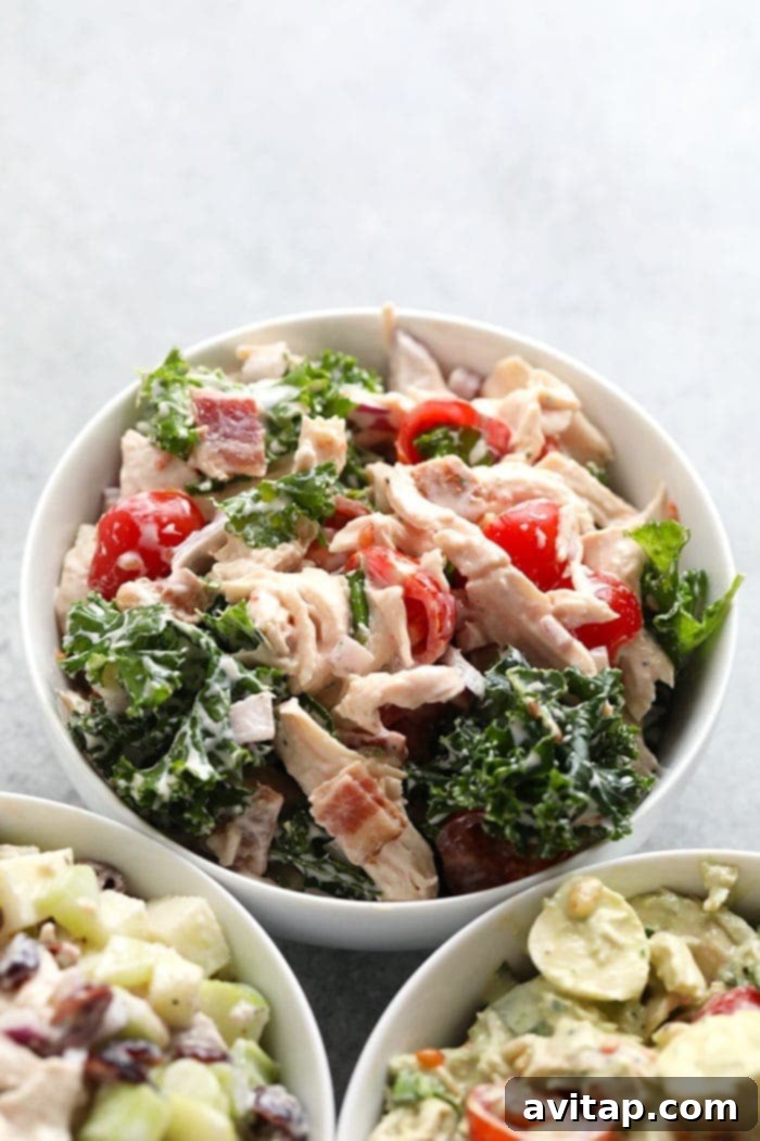 Freshly prepared BLT Chicken Salad: A vibrant and delicious healthy lunch option. A large bowl of healthy BLT chicken salad, ready to be served or portioned for meal prep.