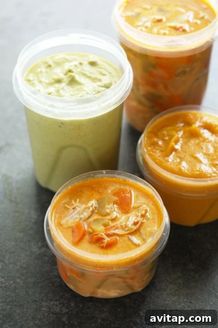 Freeze soup for easy meal prep and weeknight dinners. Assortment of soups neatly packed in freezer-safe containers, ready for storage.
