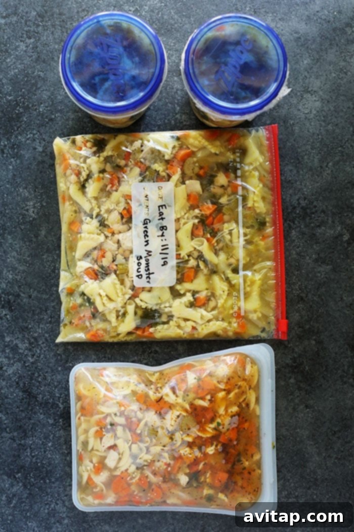 Cover soup with plastic wrap before freezing to maintain quality. Two glass containers of soup covered with plastic wrap, preventing freezer burn.