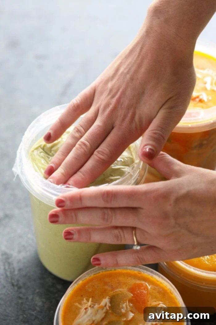 A critical step: cover the soup surface to prevent freezer burn. Plastic wrap being pressed onto the surface of soup in a container to prevent freezer burn.