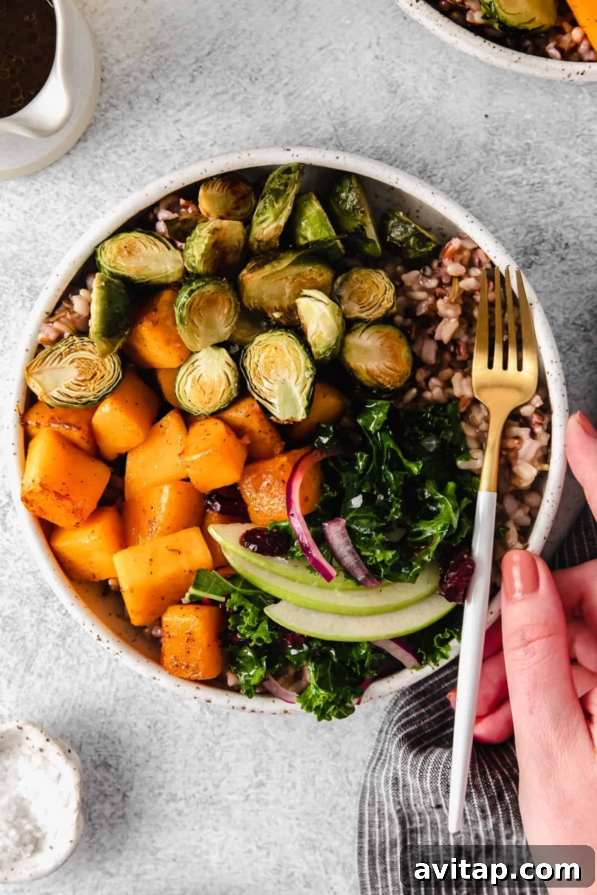 A fully assembled and visually appealing Butternut Squash Harvest Bowl.