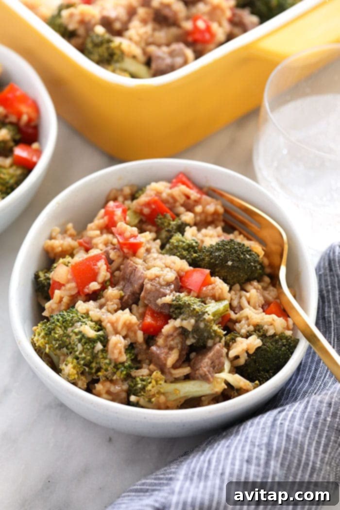 Delicious Beef and Broccoli Casserole served in a rustic ceramic bowl, ready to be enjoyed
