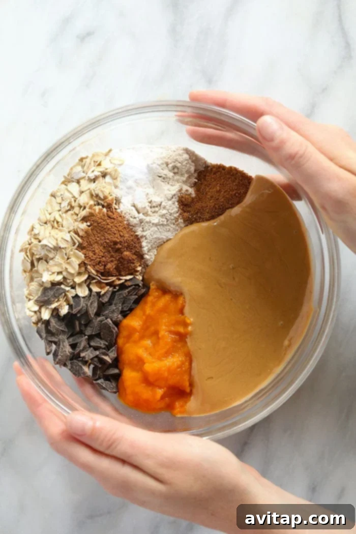 A bowl filled with a variety of dry ingredients for pumpkin oatmeal cookie bars, showcasing the wholesome components.