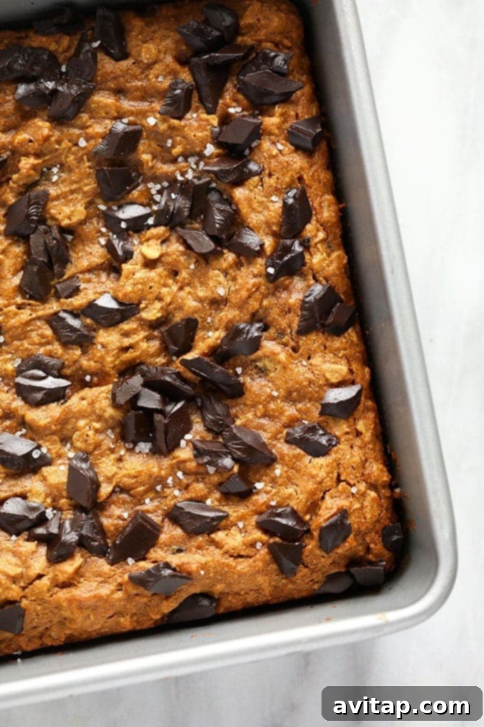 Freshly baked pumpkin cookie bars in a baking dish, perfectly cooked and golden brown.