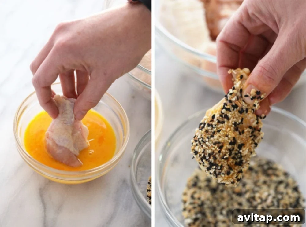 The egg wash and seasoning process for wings A step-by-step process showing chicken wings being coated in egg wash and then generously covered with Everything Bagel Seasoning.