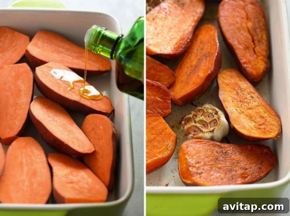 Velvety Sweet Potato Mash 4 Halved sweet potatoes and a whole head of garlic drizzled with olive oil, arranged in a casserole dish ready for roasting.