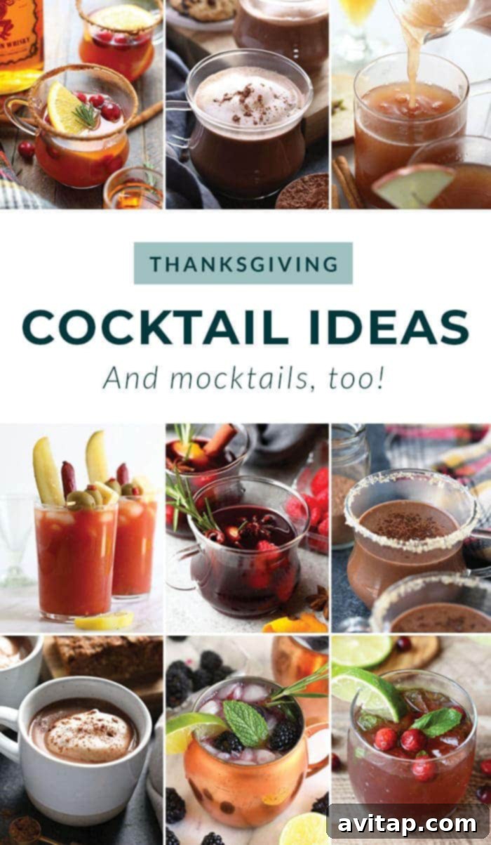 A vibrant selection of festive Thanksgiving cocktails, including hot and cold options, garnished for the holiday season.