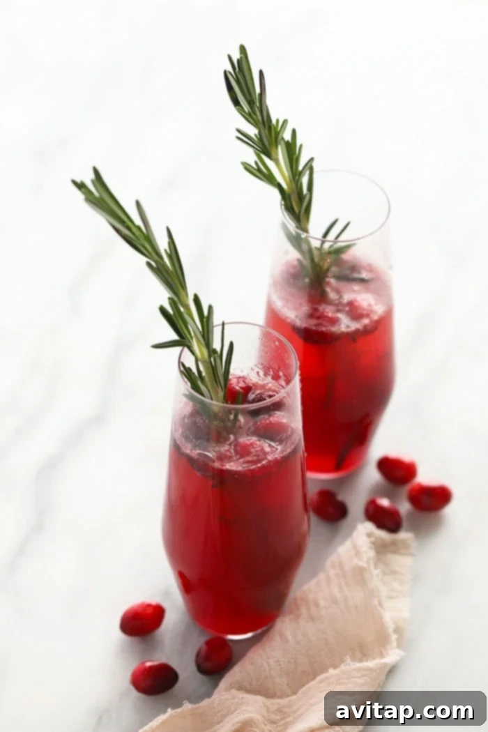 Two glasses of festive cranberry mojitos, garnished with fresh mint and cranberries.