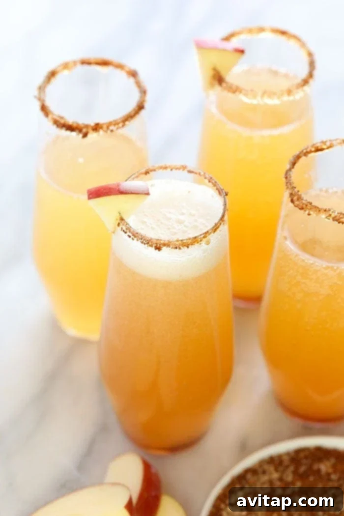 A festive Apple Cider Champagne Cocktail in a champagne flute, garnished with a sugar rim and an apple slice.