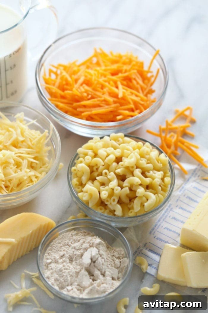 A selection of fresh ingredients laid out for making mac and cheese, including cheese, pasta, milk, and spices.