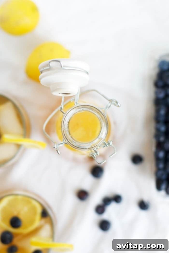 A pitcher filled with vibrant Kombucha Lemonade, garnished with lemon slices and blueberries, promising a delightful and healthy beverage experience.