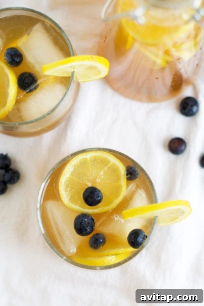 Two glasses of Kombucha Lemonade filled with ice, lemon wedges, and blueberries, showcasing a vibrant and inviting drink.