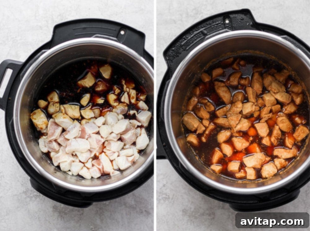 Diced chicken breast being lightly browned in the Instant Pot before adding sauce