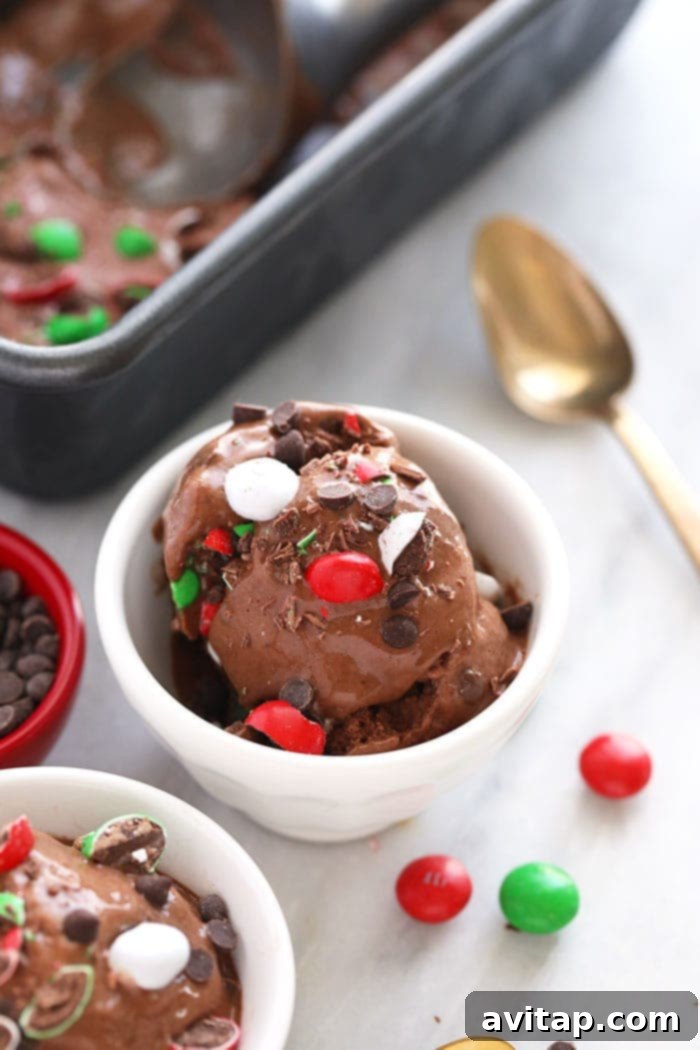 A beautifully presented cup of Chocolate Peppermint Banana Nice Cream, garnished with mint leaves and mini chocolate chips, highlighting its appeal as a vegan holiday dessert.