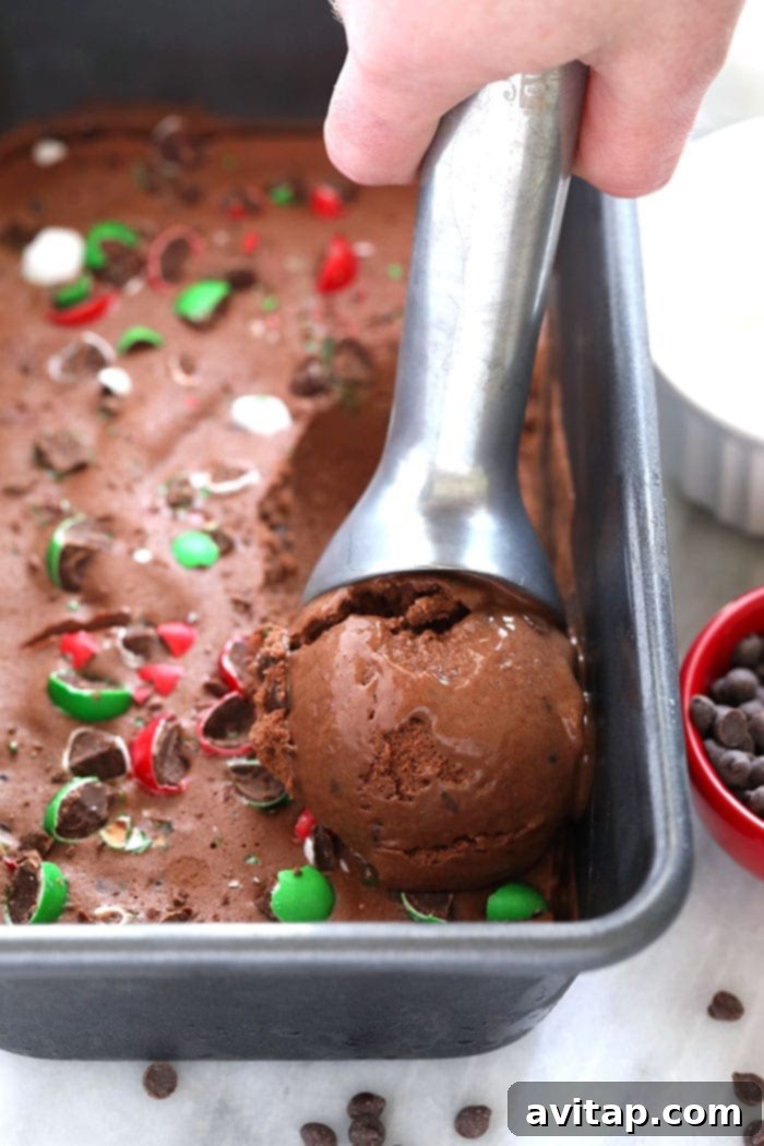 A large scoop of firm Chocolate Peppermint Banana Nice Cream elegantly presented in a metal loaf pan, ready for serving.