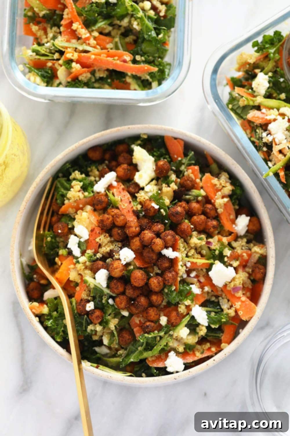 A collection of Moroccan quinoa salad bowls, showcasing various serving options for meal prep.