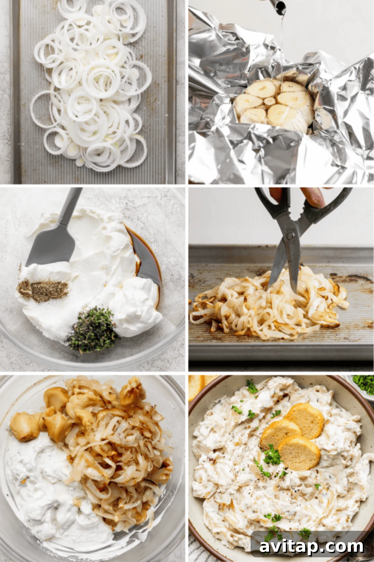 Make this Roasted Caramelized Onion Dip for your next get together or for a delicious game day appetizer! It is packed with amazing savory flavor and delicious when served with crusty bread, vegetables, or even slathered on a bagel! A step-by-step process of making onion dip: from sliced onions and roasted garlic in foil to a creamy yogurt mixture, caramelized onions, the mixing of ingredients, and the final dip garnished with fresh herbs and crackers, illustrating the simplicity of the recipe.
