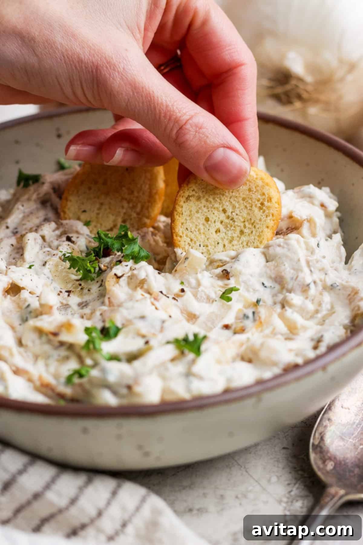 Make this Roasted Caramelized Onion Dip for your next get together or for a delicious game day appetizer! It is packed with amazing savory flavor and delicious when served with crusty bread, vegetables, or even slathered on a bagel! A hand dipping a small round cracker into a generously filled bowl of creamy dip garnished with fresh parsley, highlighting the dip's appealing texture and serving suggestion.