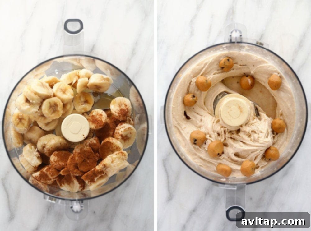 Ingredients for vegan cookie dough banana nice cream in a food processor, highlighting the frozen bananas, cinnamon, and maple syrup.
