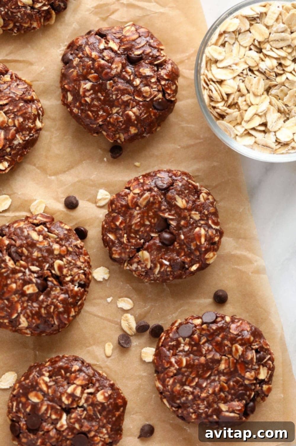 A stack of delicious no-bake chocolate oatmeal cookies, perfectly set and ready to be enjoyed as a healthy snack.
