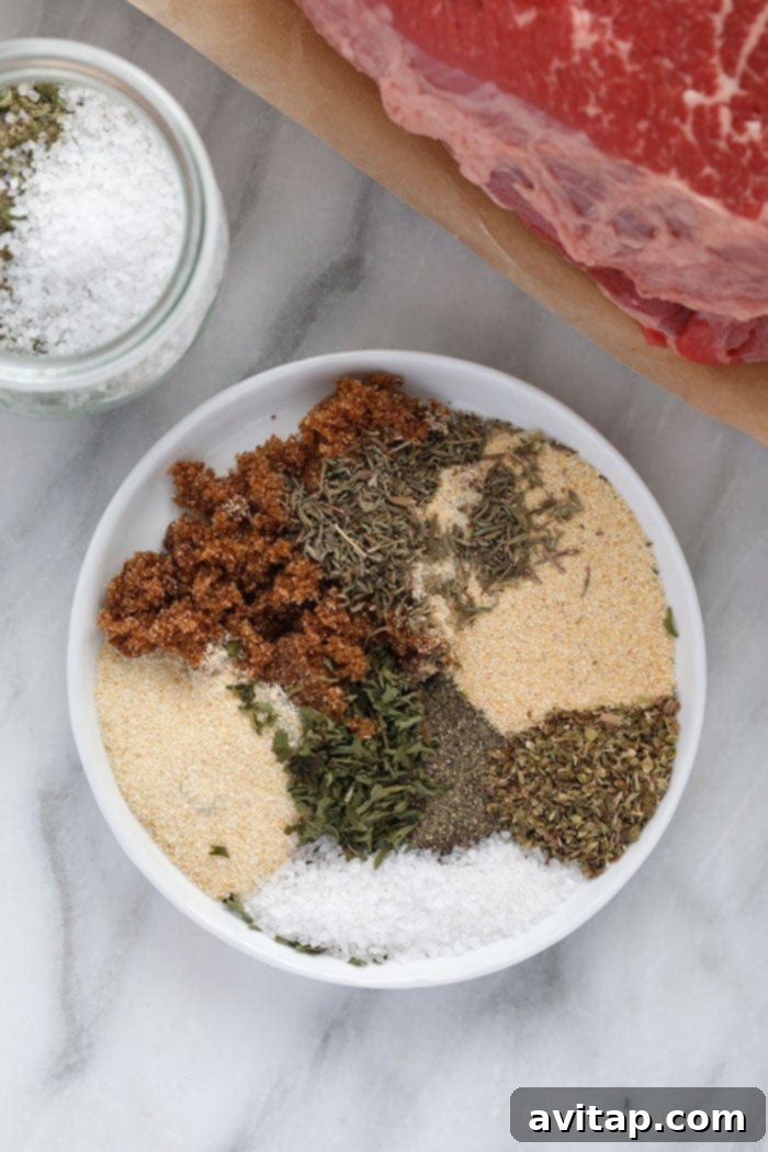 Pot roast spices on a plate, showcasing a vibrant homemade seasoning blend