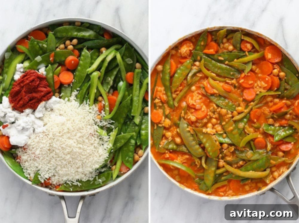 Overhead shot of a delicious One Pot Vegetarian Thai Curry cooking in a skillet.
