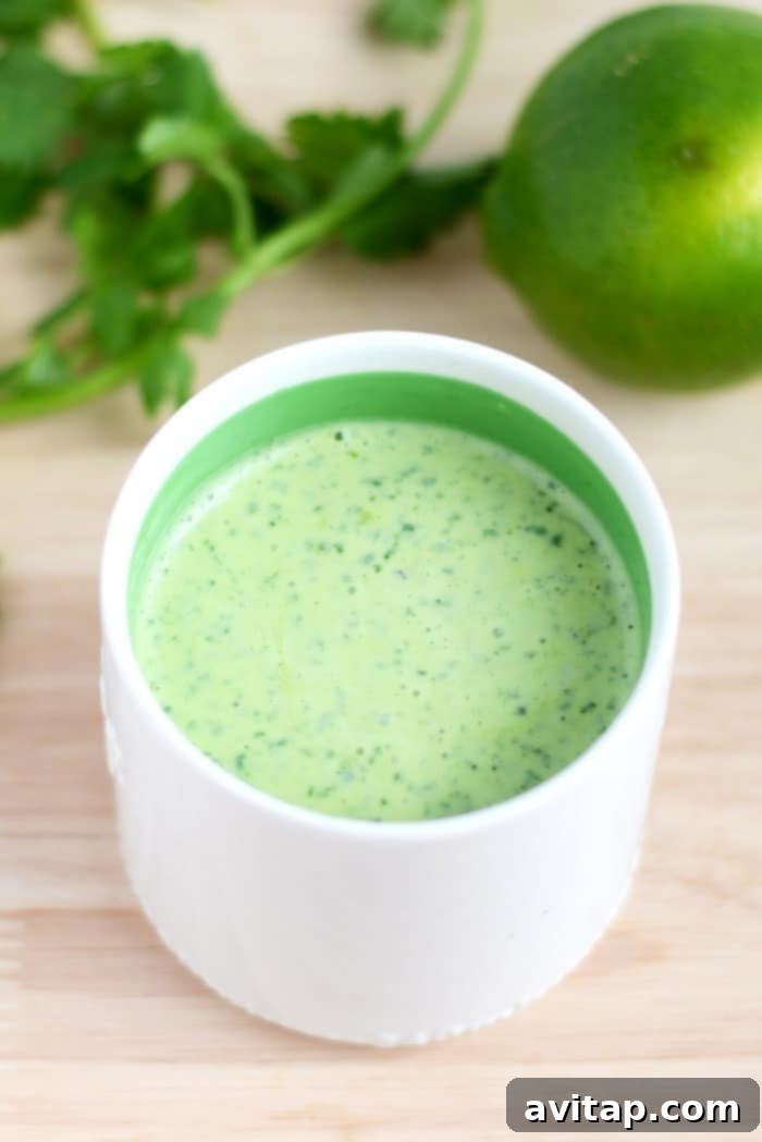 Tangy cilantro lime dressing in a small white dish, garnished with fresh cilantro.