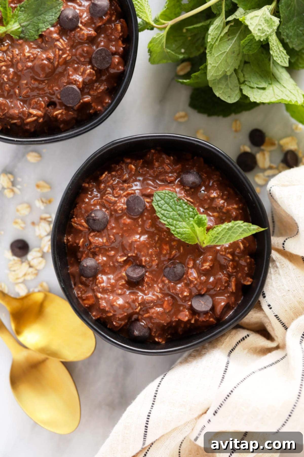 Mint Chip Overnight Oats for a Healthy Thin Mint Inspired Breakfast A bowl of vibrant green mint chip overnight oats, topped with chocolate shavings and fresh mint leaves, looking irresistibly refreshing and healthy.