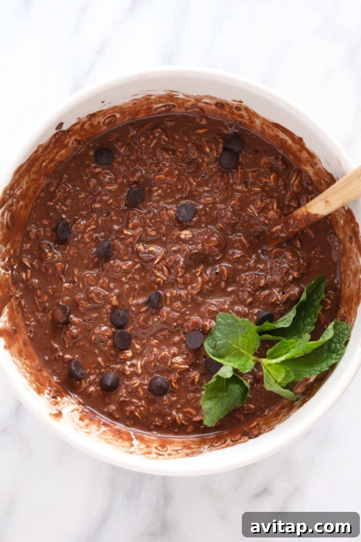 Cool Mint Chocolate Overnight Oats 3 A bowl of rich, dark chocolate overnight oats, garnished with a few delicate chocolate chips and a vibrant green mint leaf, ready to be enjoyed.