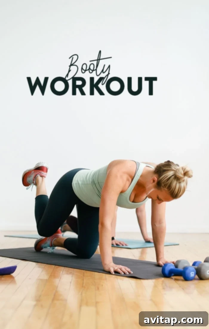 Workout instructor demonstrating a glute exercise, with text overlay: Sculpt Your Booty: The Ultimate 45-Minute Workout