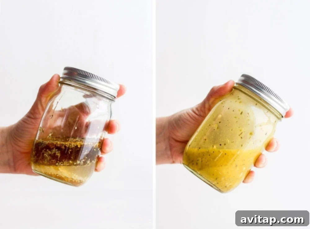 Shaking Greek salad dressing in a mason jar