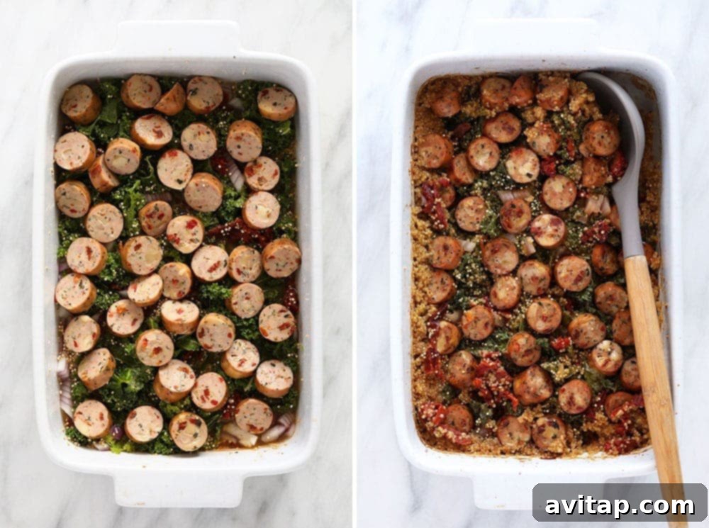 Before and after comparison of Italian Chicken Sausage Quinoa Casserole, showcasing raw ingredients vs. baked dish.