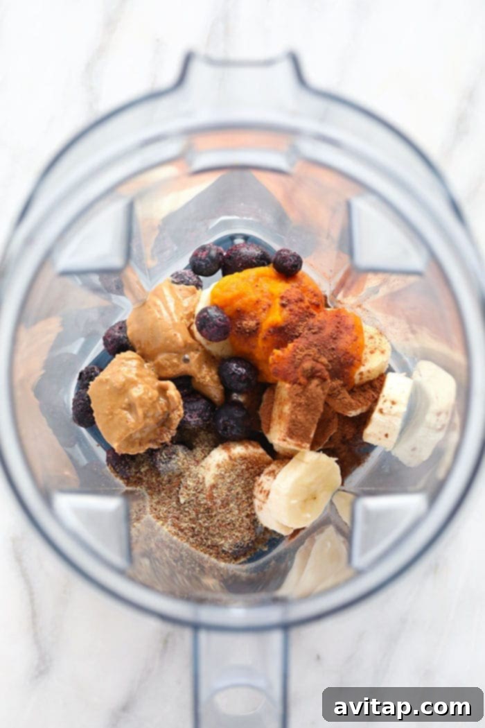 Golden Berry Harvest Smoothie 3 Various fresh ingredients for a pumpkin berry smoothie laid out in a blender, ready to be mixed.