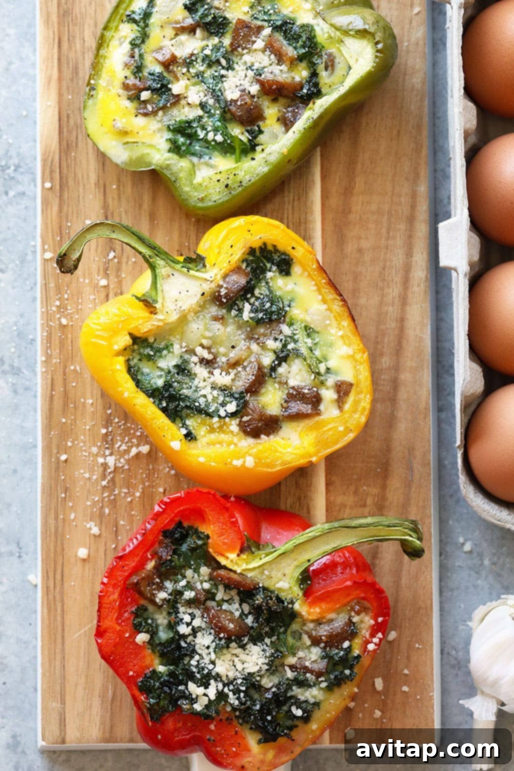 Two cheesy breakfast sausage stuffed peppers cooling on a wooden cutting board, showcasing their golden-brown tops and vibrant filling, ready for meal prepping.