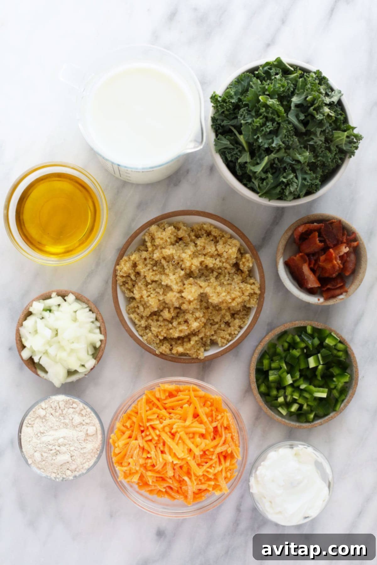 ingredients for jalapeno bacon quinoa mac and cheese, ready to be made in your kitchen