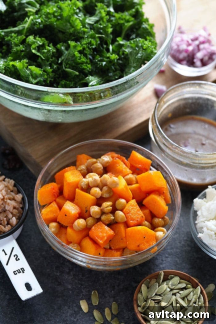 Close-up of roasted butternut squash and chickpeas, perfectly caramelized and seasoned.
