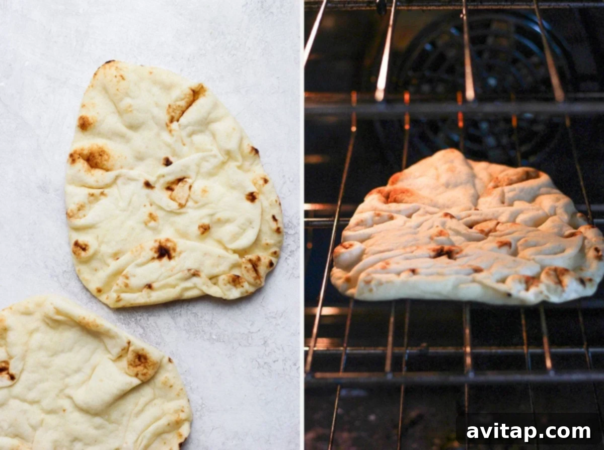 Morning Naan Pizza 3 Plain naan bread being browned to perfection in a hot oven, showing the start of a crispy pizza crust.