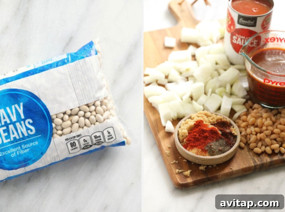 All the fresh ingredients for an easy and quick Instant Pot baked beans recipe. A collection of fresh ingredients laid out, ready to make Instant Pot baked beans.