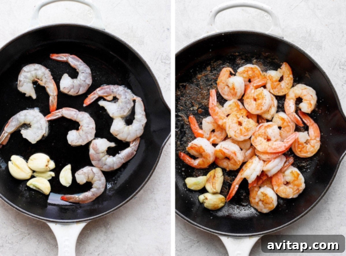 Fresh, raw shrimp being sautéed to perfection in a hot cast iron skillet, turning pink