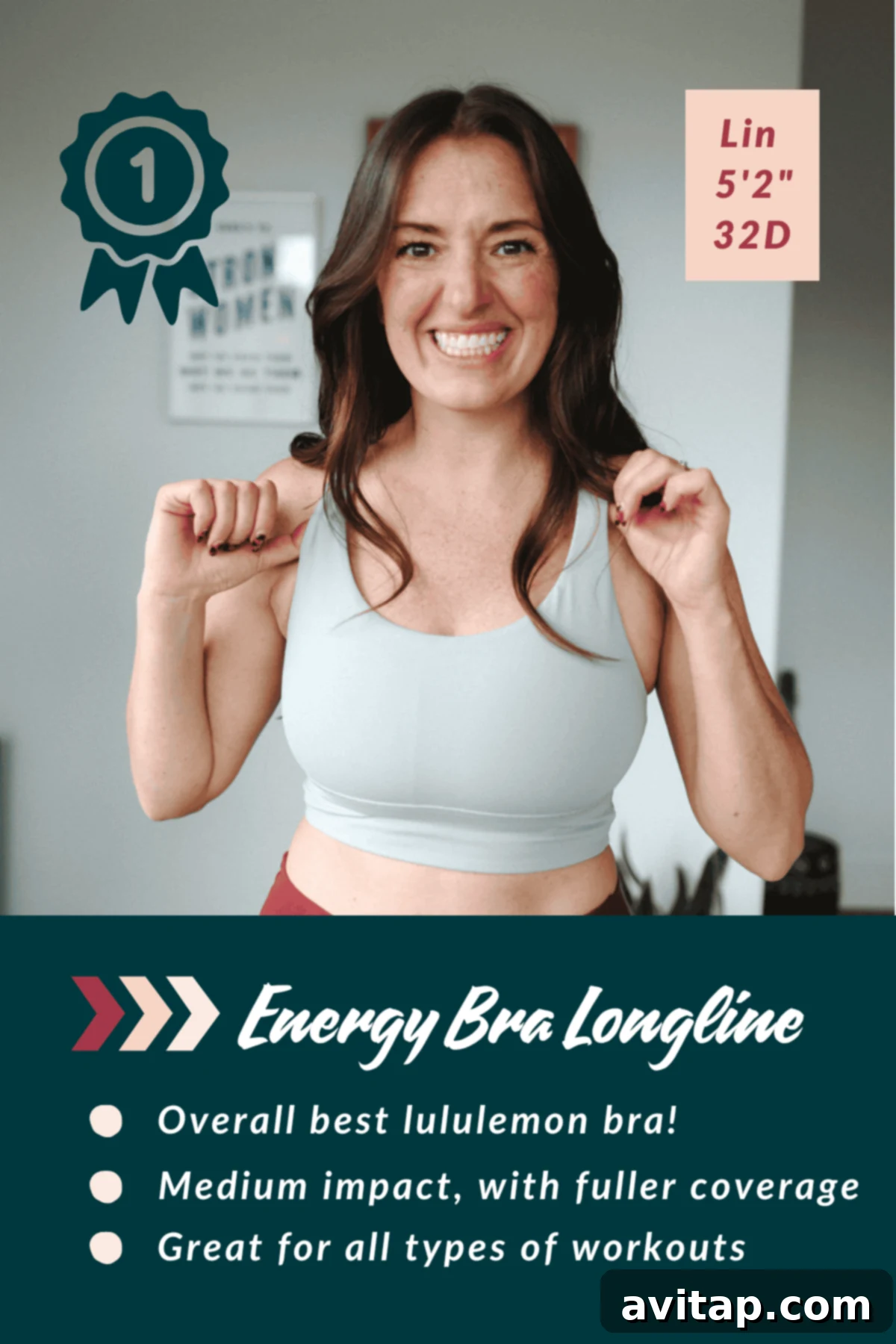 A woman smiles while wearing a pale blue sports bra. Text highlights the "Energy Bra Longline" as the best Lululemon bra, ideal for medium impact, with fuller coverage.