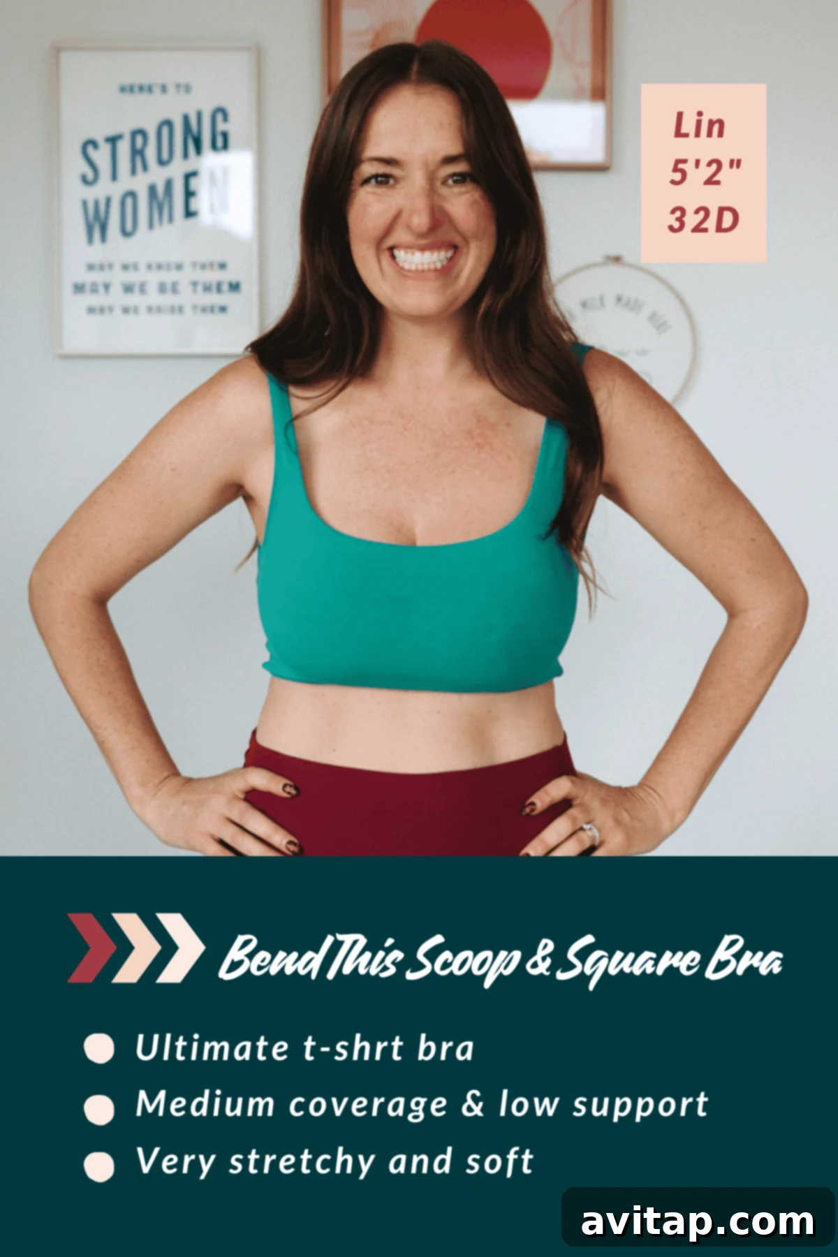 Woman wearing a green sports bra and red leggings smiles, standing in front of framed posters. Text on image highlights features of the bra.