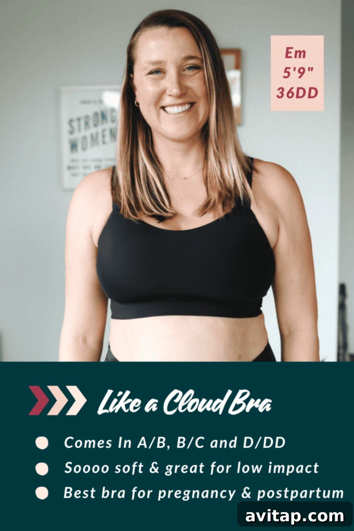 A woman smiling, wearing a black sports bra. Text highlights features: available in sizes A/B, B/C, D/DD, soft, suitable for low impact, and ideal for pregnancy and postpartum.