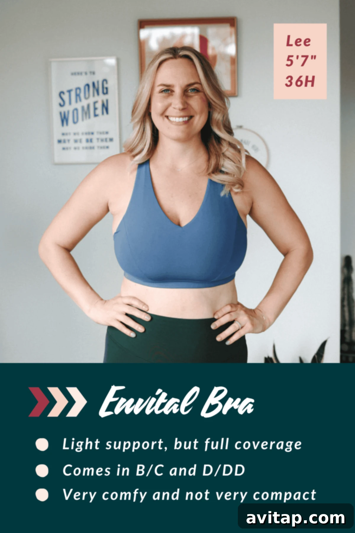 A woman wearing a blue sports bra smiles at the camera. Text on the image includes product details about the "Envital Bra," such as size options and features.