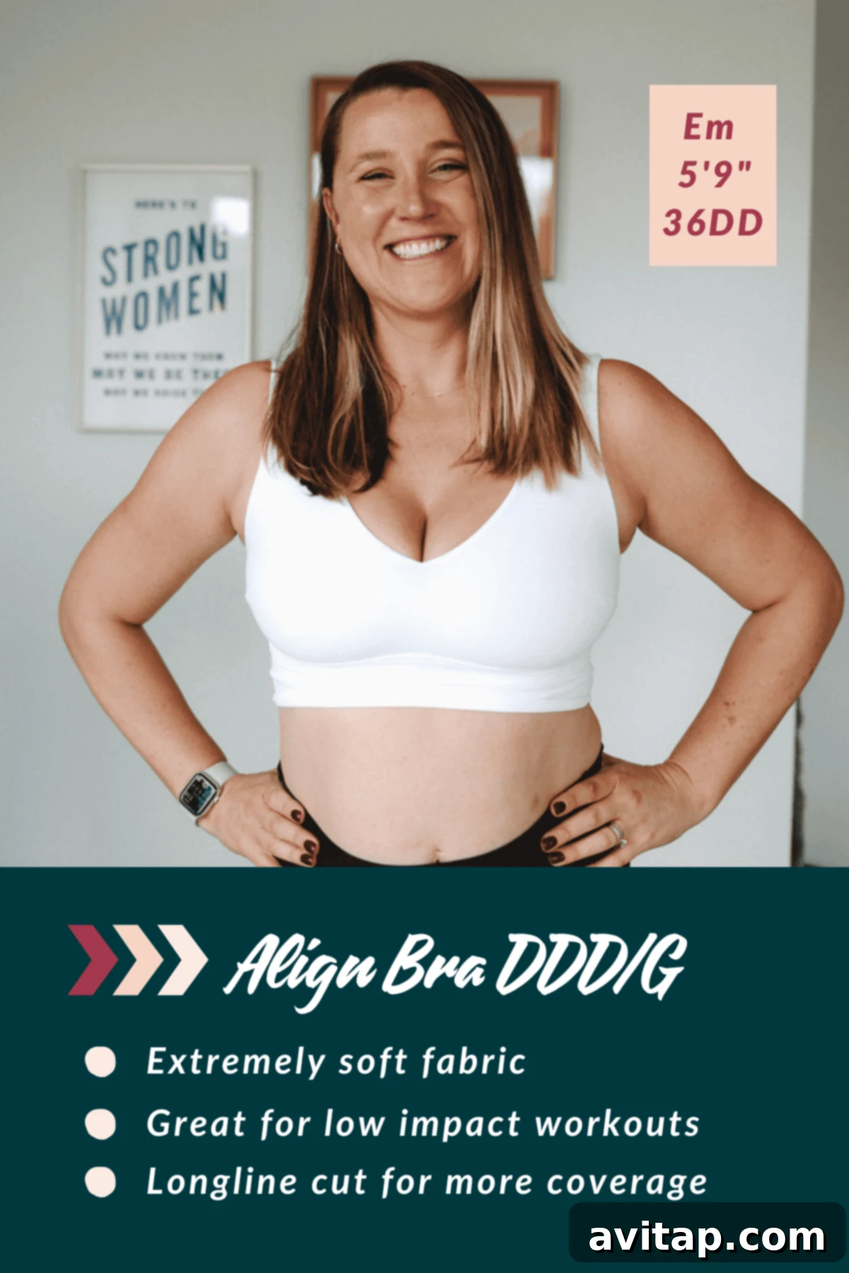 Smiling woman wearing a white sports bra, with text detailing the bra’s features: soft fabric, suitable for low-impact workouts, and longline cut for more coverage.